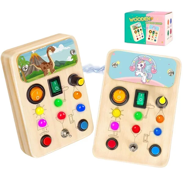 2 Pack Busy Boards For Toddler, Montessori Toys With Led Light, Wooden Sens