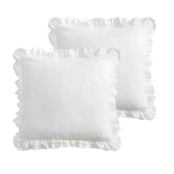 2 Pack Shabby Creamy White Ruffled Euro Shams, Washed Cotton 26X26 Inches Farm