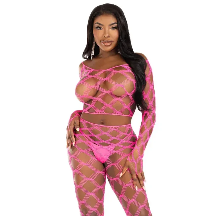 2 Pc Net Crop Top and Footless Tights – One Size – Neon Pink