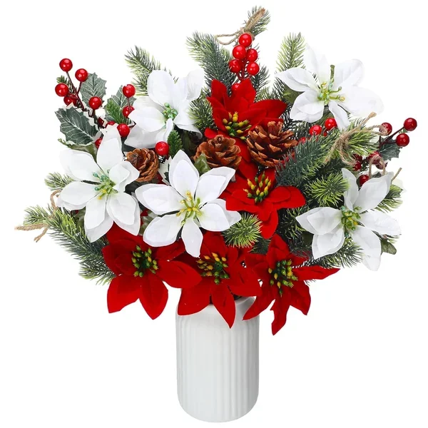 20 Pcs Christmas Red Artificial Flowers Bouquet Christmas Floral Pine Cones Ho