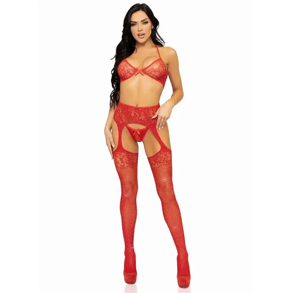 3 Pc Rhinestone Bra Top, G-String, and Garter Belt Stockings – One Size – Red