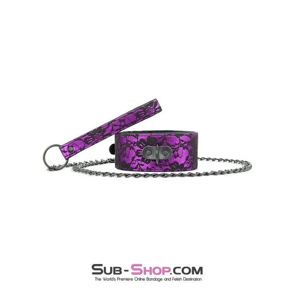 3431M-SIS Pretty Sissy Boi Royal Leadership Dungeon Mistress Fur Lined Purple Lace Collar and Leash Set