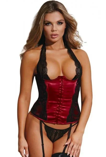 44″ – Fully Boned Satin Lace Bustier – Garnet/Black
