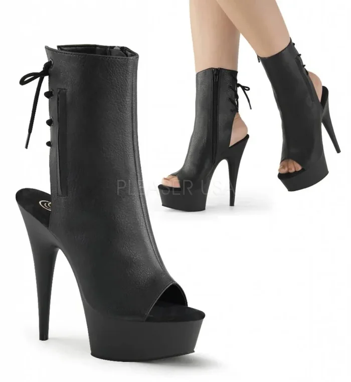 6″ Heel Platform Faux Leather Open Toe/Heel Lace Up Ankle Boot