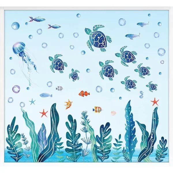 6 Sheets Summer Window Clings Ocean Themed Sea Turtle Window Sticker Decals Wa
