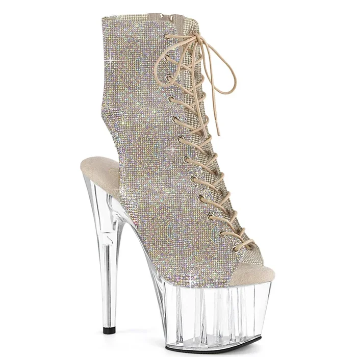 7″ Open Toe/Heel Rose Gold Rhinestone Clear Heel Ankle Boot