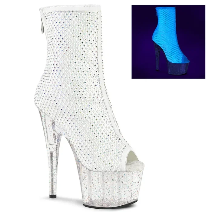 7″ White Rhinestone Mesh Overlay Sparkle Platform Peep Toe Ankle Boot