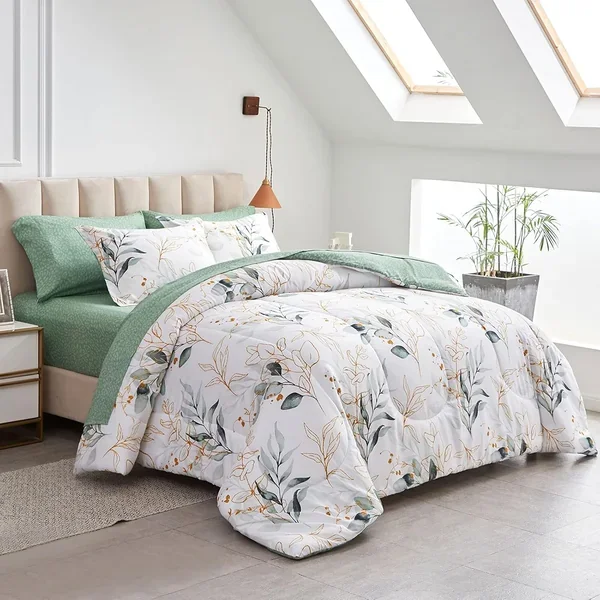 7 Piece Bed In A Bag Queen, Green Leaves Printed On White Botanical Design, Mi
