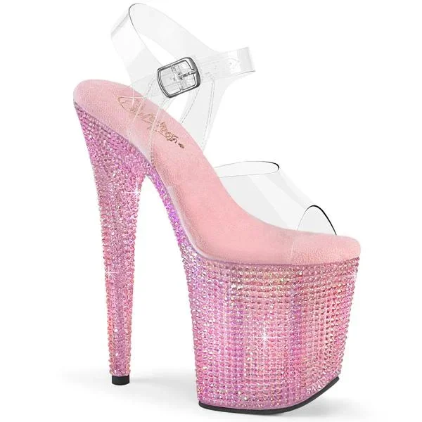 8″ Heel, 4″ Rhinestone All-Over Platform – Clear/Baby Pink –