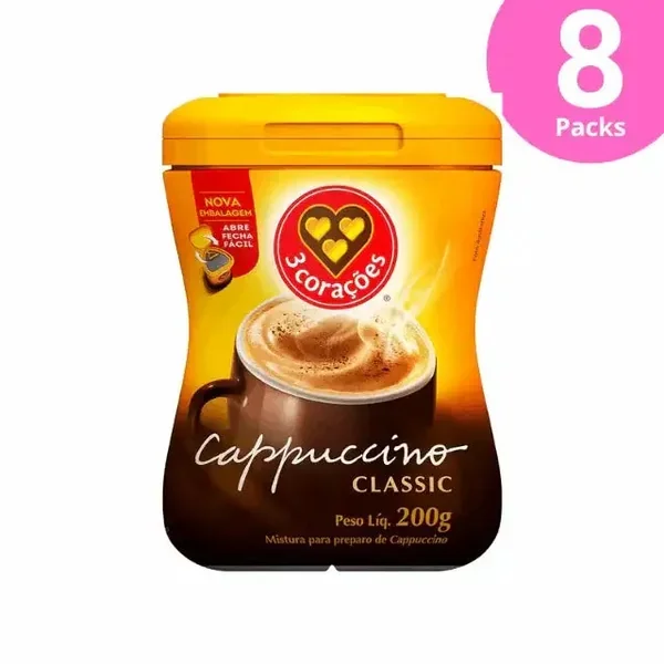 8-Pack 3 Corações Classic Instant Cappuccino Mix – 8 x 200g (7.05 oz)