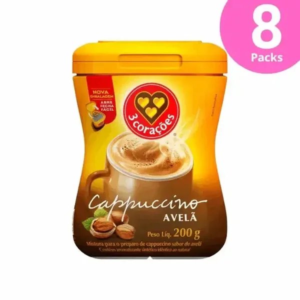 8-Pack 3 Corações Hazelnut Cappuccino Instant Mix – 8 x 200g (7.05 oz)