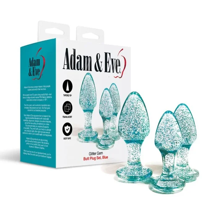 Adam & Eve Glitter Gem 3-Piece Butt Plug Set – Blue – Glitter Blue Butt Plugs – Set of 3 Sizes