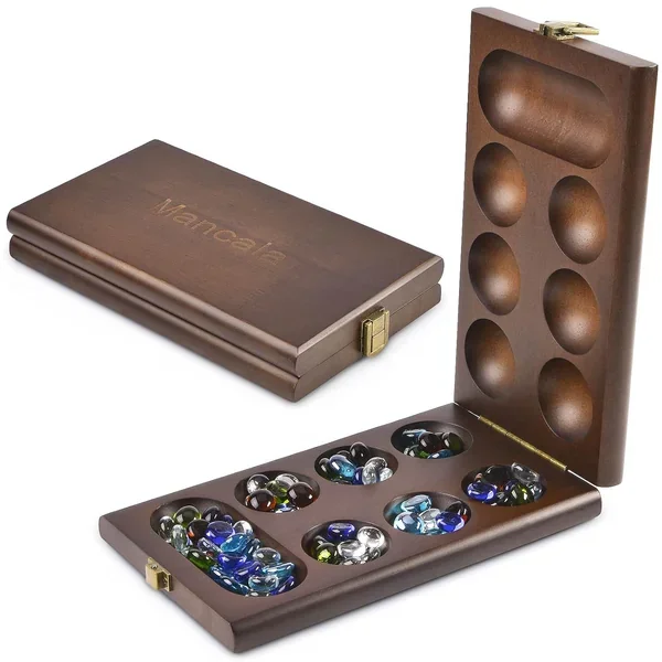 AMEROUS Wooden Mancala Board Game Set with 72+8 Bonus Multi Color Glass Sto