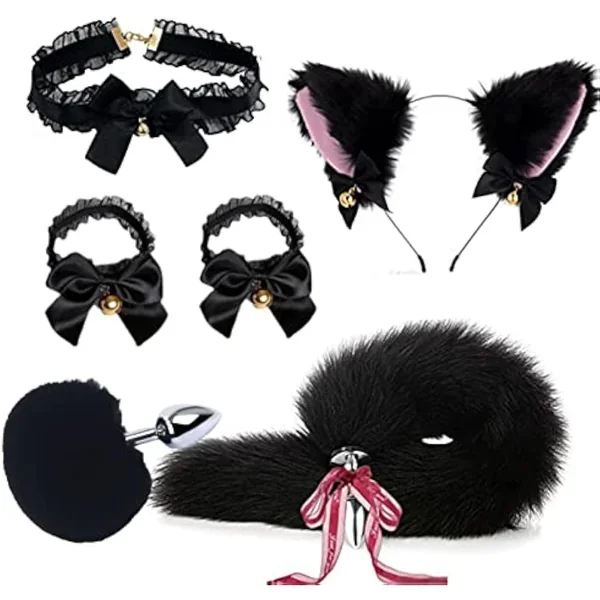 Anal Plug Butt Plug, 6Pcs/Set Sex Fox Tail Anales Plug Toys Butt Plugs With Cat Ears Headband And Necklace Metal Anal Sex Toys For Women Man Beginners Adult Couples