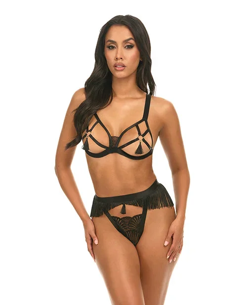 Annika Open Cup 2 pc Set w/Fringe and Tassel Detail – Black L/XL