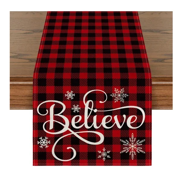 Artoid Mode Red and Black Buffalo Plaid Believe Table Runner, Seasonal Winter Christmas Holiday Kitchen Dining Table Decoration for Indoor Outdoor Home Party Decor 13 x 36 Inch