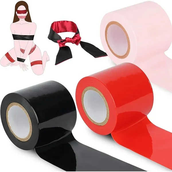 BDSM Bondage Tape Set – 3 Rolls Reusable PVC Restraint Tape with Blindfold