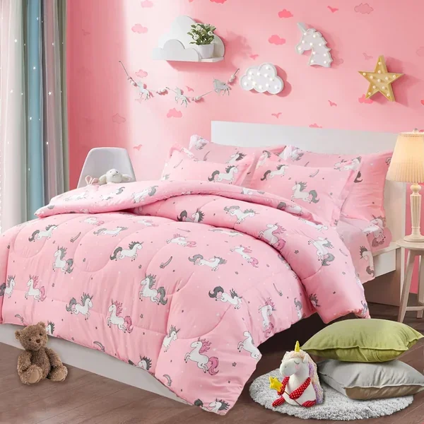 Bed In A Bag 6 Pieces Twin Size Unicorn Pink With Rainbow Star – Soft Microfib