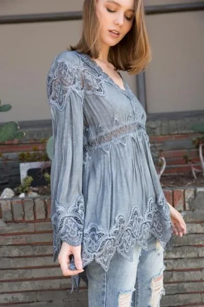 Bell Sleeve Tunic Top Pleat & Crochet Details – Grey