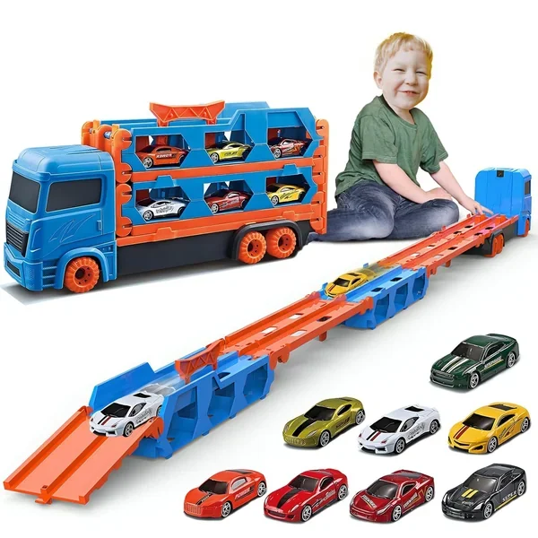 Big Hauler Transporter Truck Toy Set With 2 Ejection Race Track, Mega Defor