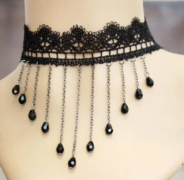 Black – Lace Choker with Chain Swags