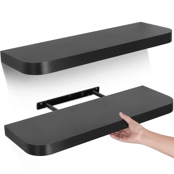 Black Floating Shelves For Wall, 24 Inch Wall Mounted Wood Shelf Set Of 2, Mod