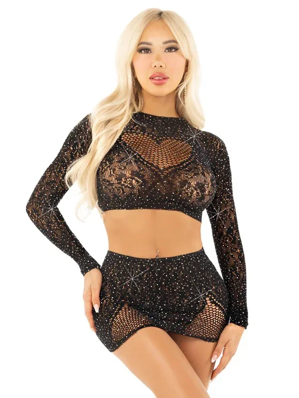 Black Rhinestone Lace Crop Top and Heart Keyhole Mini Skirt