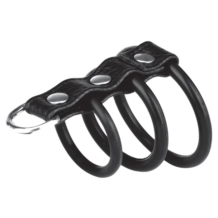 Blue Line 3 Ring Gates Of Hell Silicone Cock Ring With Leash Ring Black