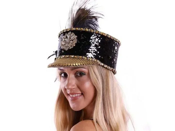 Burning Sequin Hat with Feather – Black/Gold