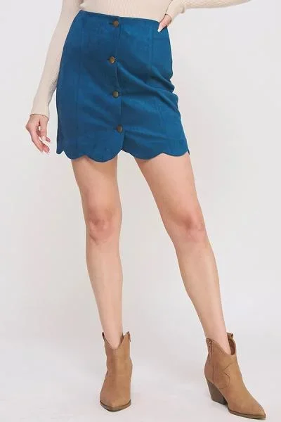 Button Down Scallop Hem Suede Straight Short Skirt – Teal –
