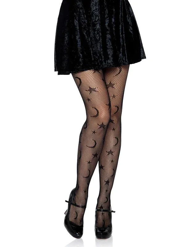 Celestial Fishnet Tights With Stars and Moons Black One Size