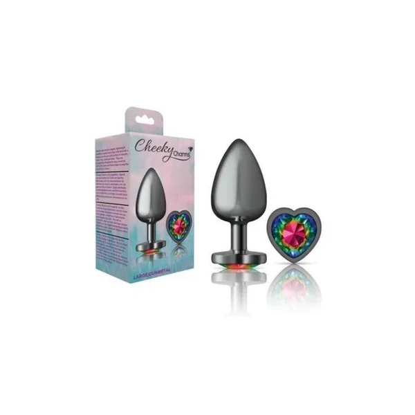 Cheeky Charms Gunmetal Butt Plug w Heart Rainbow Jewel Large