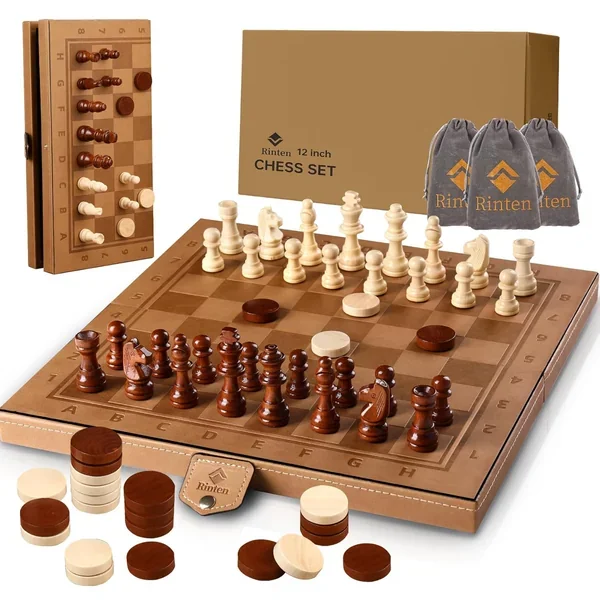 Chess Set Board For Kids & Adults, 12″ Leather Travel Magnetic Chess & Chec