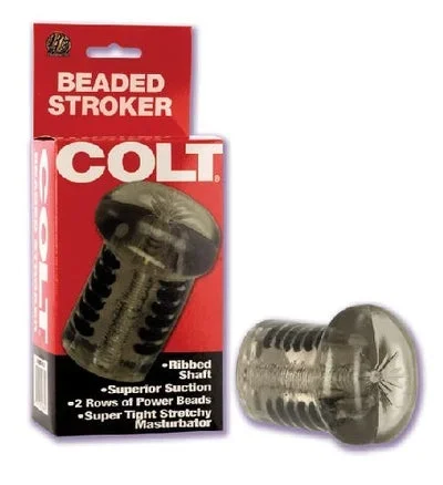Colt Beaded Stroker Ribbed Shaft Masturbator with Superior Suction and Two Rows of Power Beads in Transparent Black