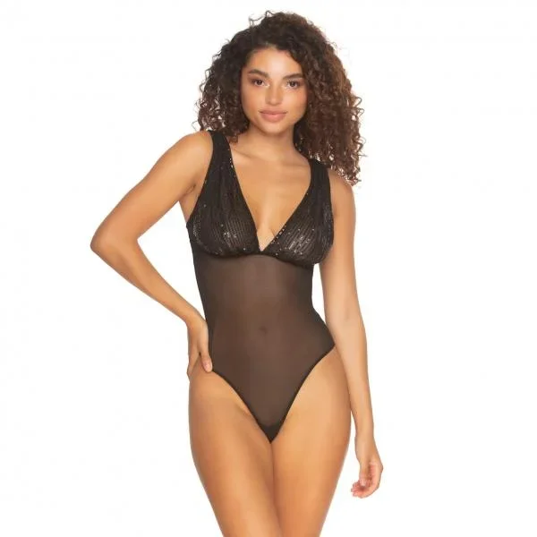 Covet Sequins and Mesh Thong Back Bodysuit – Black –