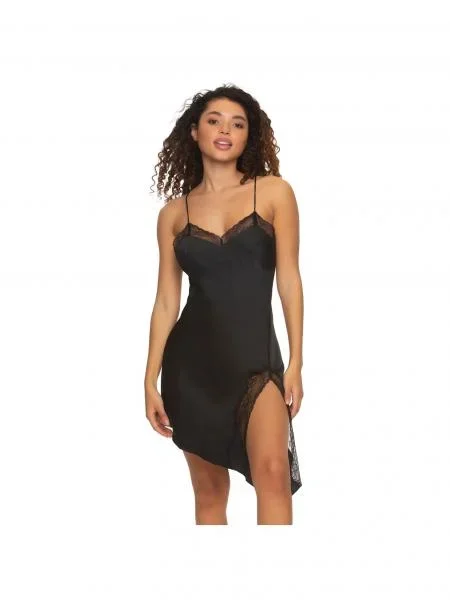 Crave Asymmetrical Satin & Lace Slip – Black –