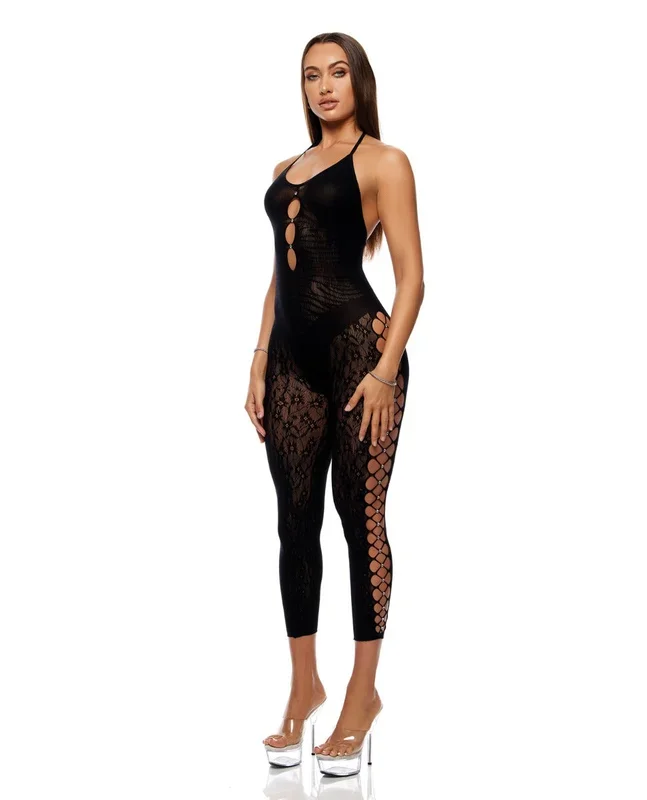 Cross Your Mind Capri Floral Knit Bodystocking w/Rhinestone Details – Black QN