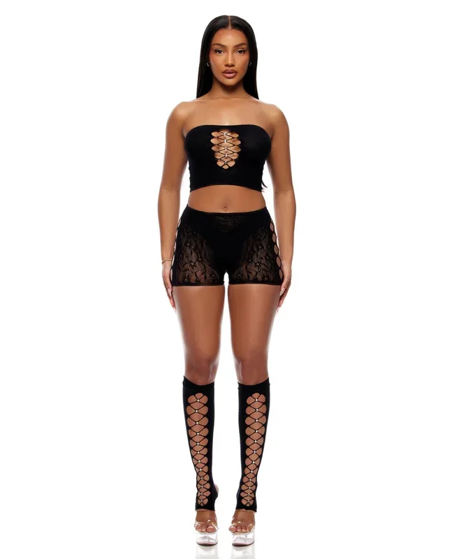 Cross Your Mind Tube Top w/Boy Short & Open Toe Socks Bodystocking – Black O/S