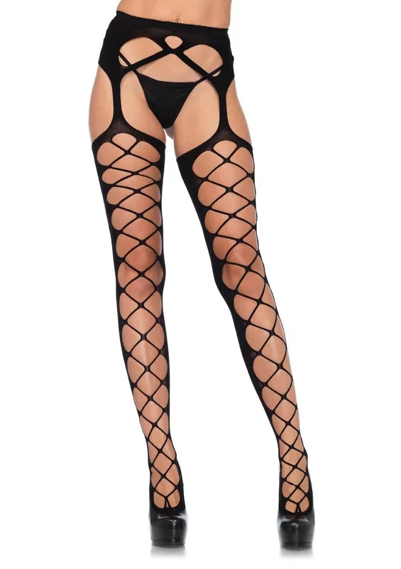 Diamond Net Opaque Stockings with Attached Garter Belt Black