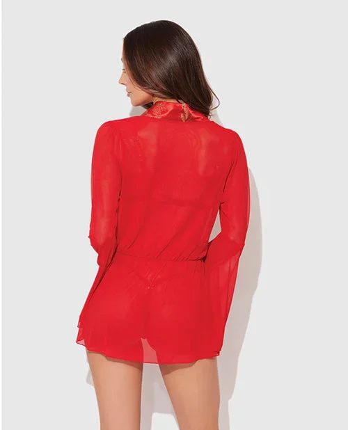 Dragon Sheer Mesh Robe w/Satin Triangle Top & G-String 3 pc Set – Red LG