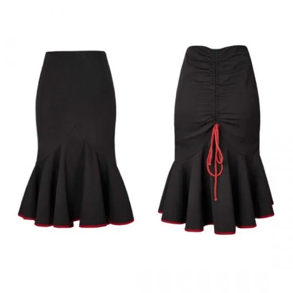 Drawstring Fishtail Military Uniform Skirt – Black/Red –