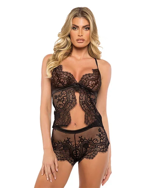 Dreamer’s Lust Scalloped Eyelash Lace and Satin 2 pc Camisole Set – Black MD
