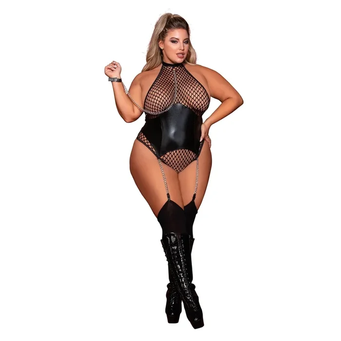 Dreamgirl Fishnet Halter Teddy with Faux Leather Corset