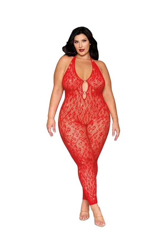 Dreamgirl Rhinestone Poinsettia Bodystocking Queen Size Lingerie