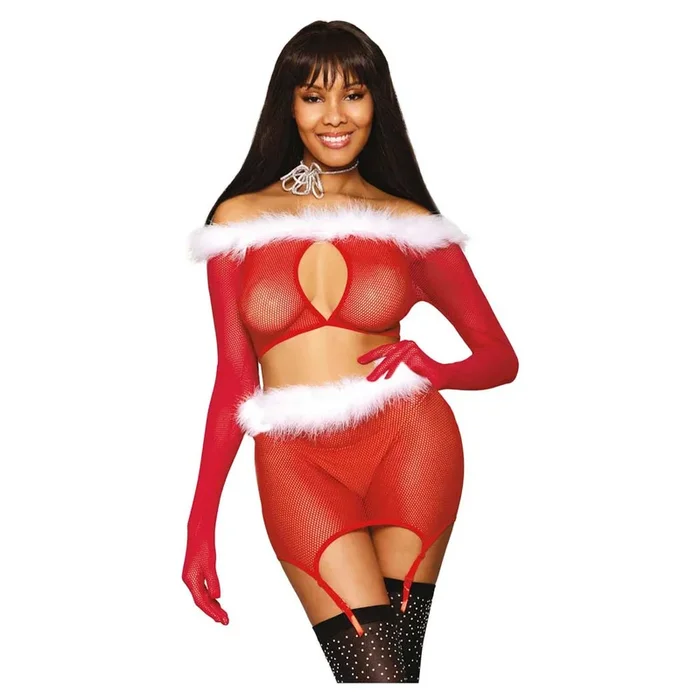 Dreamgirl Seamless Fishnet and Feather Trim Santa Two-piece Garter Set