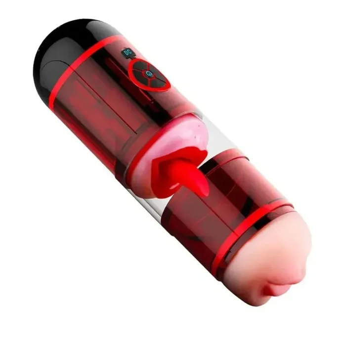 Dual Channel Tongue Licking Automatic Male Masturbator with 12 Vibration Water Spray Pocket Pussy Blowjob Toy
