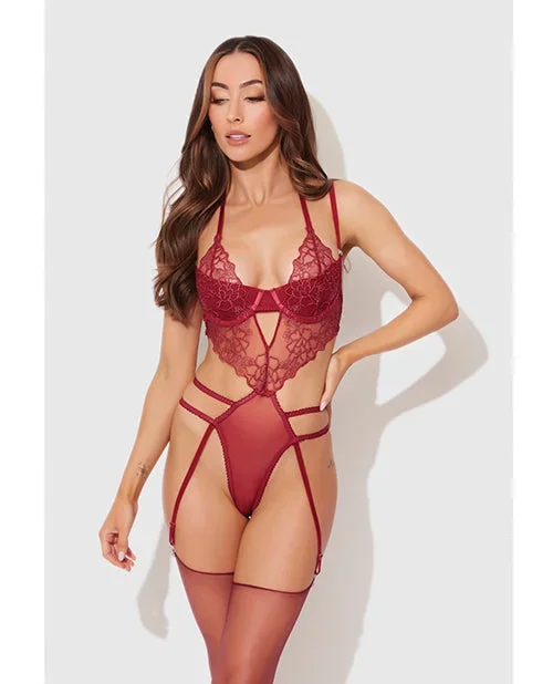 Eden Embroidered Lace & Mesh Teddy w/Garters – Dark Red LG