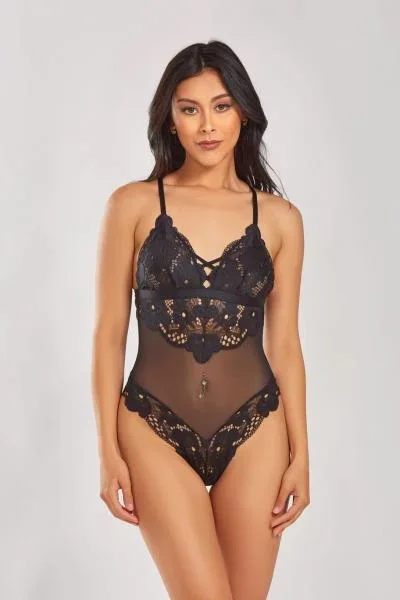 Elle Soft Cup Bodysuit Trimmed in Lace – Black –