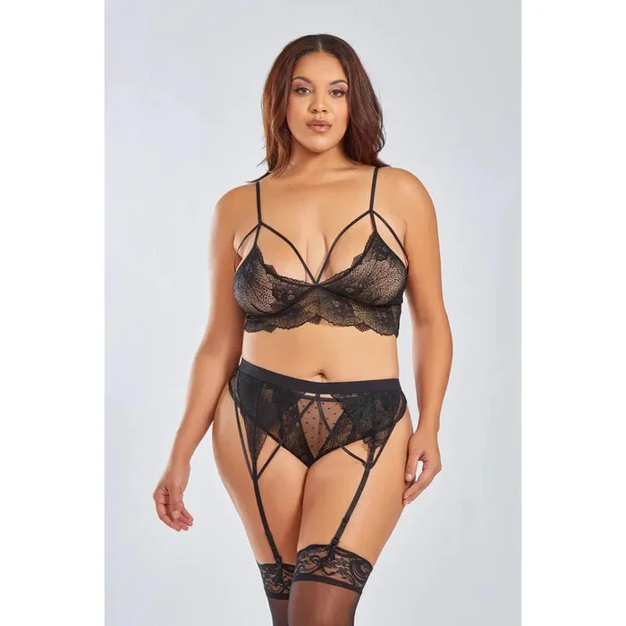 Everly Dot Mesh & Galloon Lace Strappy Bra, Garterbelt & Hipster Panty Black – Queen