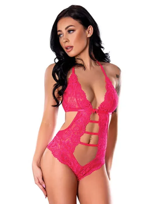 Exposed Magic Silk “Get it Girl” Halter Teddy with Snap Crotch L/XL – Scalloped Lace, Plunging Neckline